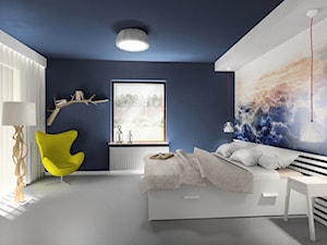 sypialnia w chmurach - Średnia biała niebieska sypialnia z balkonem / tarasem, styl skandynawski - zdjęcie od FLUO design