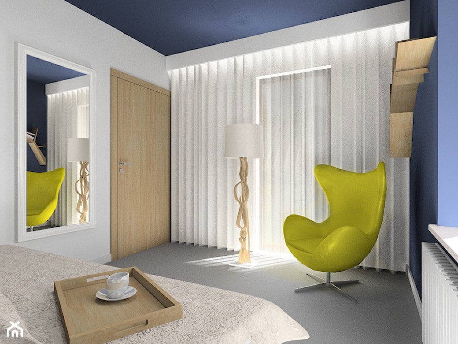 sypialnia w chmurach - Średnia biała niebieska sypialnia, styl skandynawski - zdjęcie od FLUO design