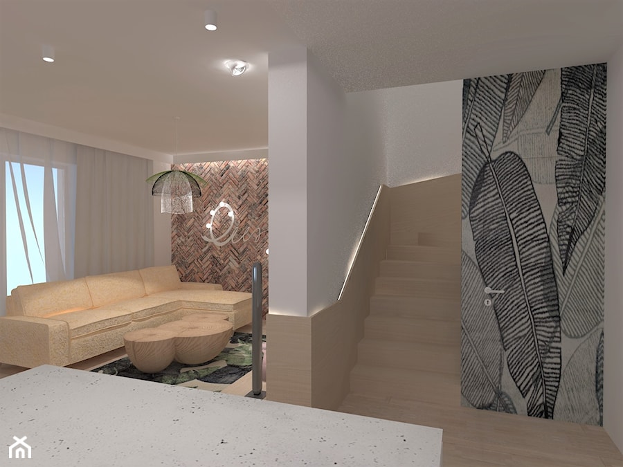 Dom Jednorodzinny Mrowino - Mały beżowy biały brązowy salon, styl skandynawski - zdjęcie od dbg DESIGNS