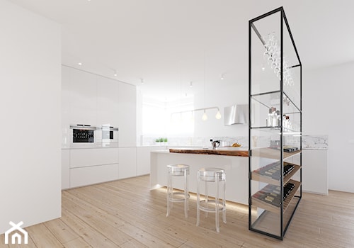 Dom jednorodzinny w Bielsku-Białej - Duża otwarta z salonem biała z zabudowaną lodówką kuchnia w kształcie litery l z oknem, styl nowoczesny - zdjęcie od dbg DESIGNS