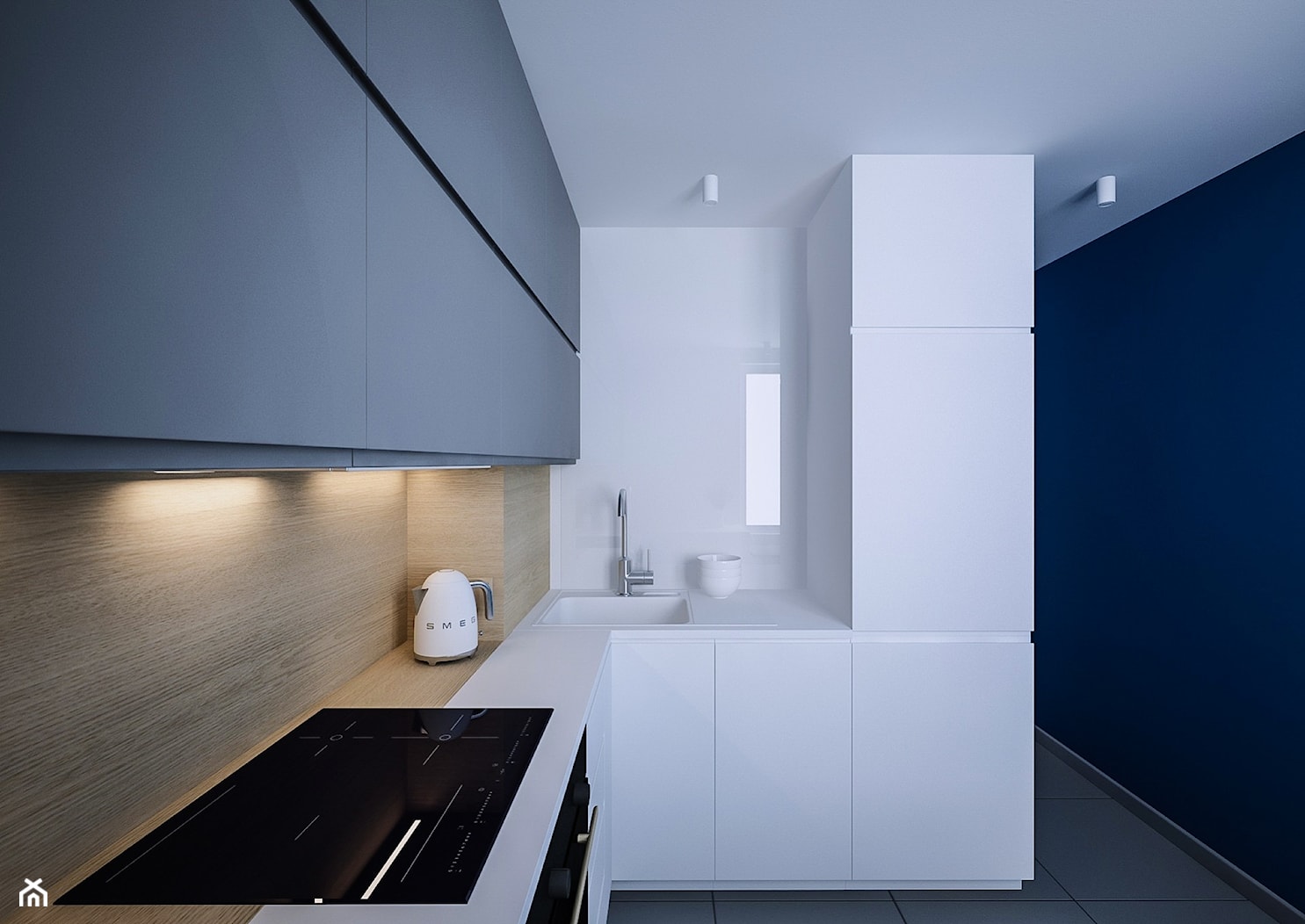 Kurpiowska - Mała średnia zamknięta beżowa biała niebieska z zabudowaną lodówką kuchnia w kształcie litery l, styl minimalistyczny - zdjęcie od ARCHIWYTWÓRNIA Tomek Pytel - Homebook