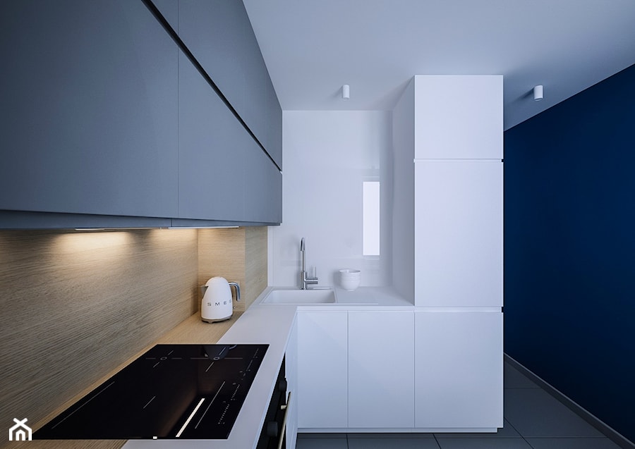 Kurpiowska - Mała średnia zamknięta beżowa biała niebieska z zabudowaną lodówką kuchnia w kształcie litery l, styl minimalistyczny - zdjęcie od ARCHIWYTWÓRNIA Tomek Pytel