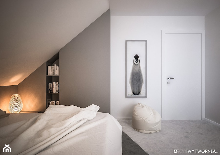 NA PUSTYNI BŁĘDOWSKIEJ - Średnia biała szara sypialnia na poddaszu, styl skandynawski - zdjęcie od ARCHIWYTWÓRNIA Tomek Pytel