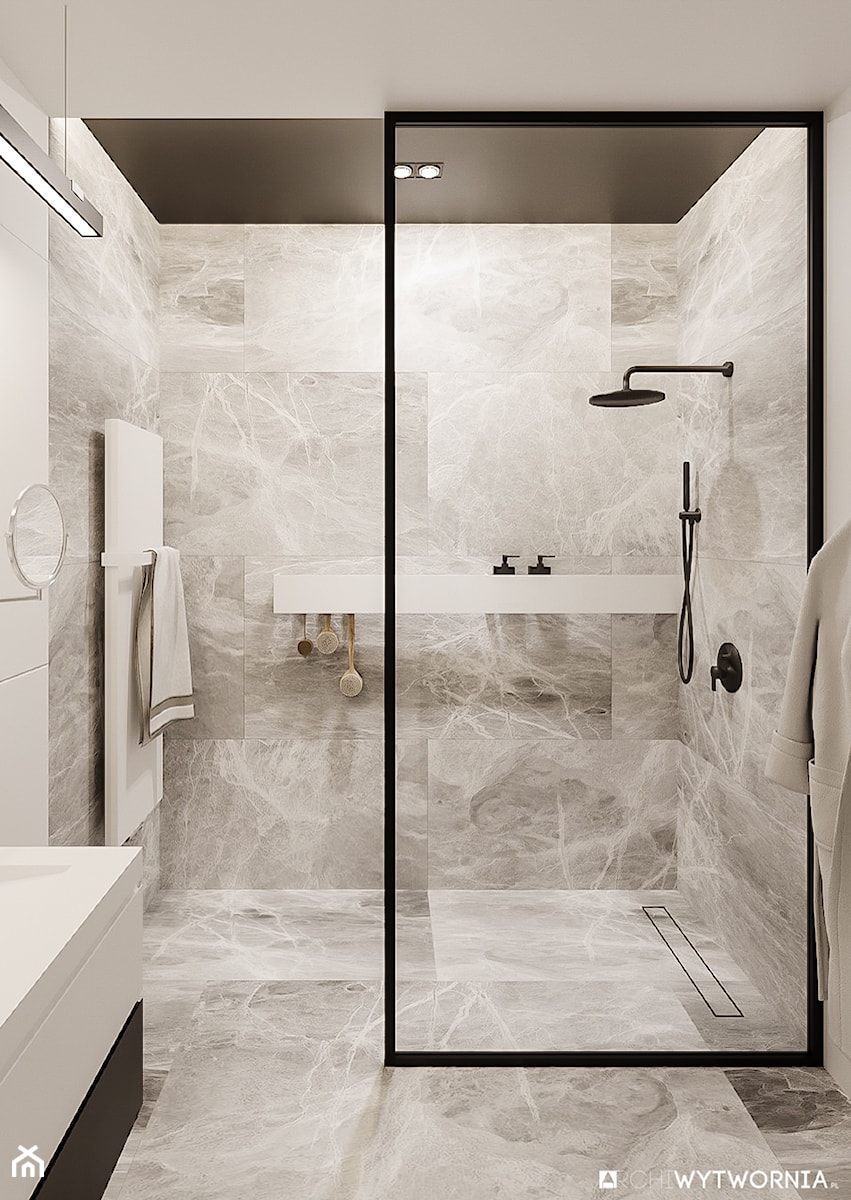 1 MAJA - Mała bez okna z marmurową podłogą łazienka, styl nowoczesny - zdjęcie od ARCHIWYTWÓRNIA Tomek Pytel