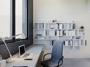 BOLONIA - Średnie w osobnym pomieszczeniu z zabudowanym biurkiem białe szare biuro, styl nowoczesny - zdjęcie od ARCHIWYTWÓRNIA Tomek Pytel