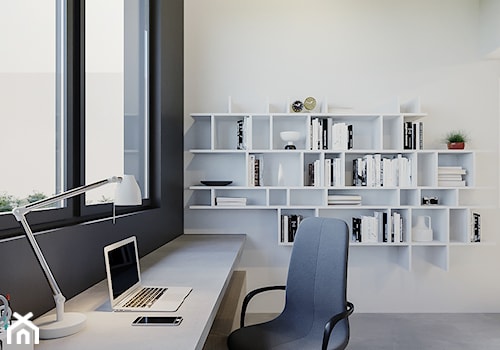 BOLONIA - Średnie w osobnym pomieszczeniu z zabudowanym biurkiem białe szare biuro, styl nowoczesny - zdjęcie od ARCHIWYTWÓRNIA Tomek Pytel