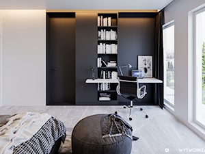 1 MAJA - Średnia biała czarna z biurkiem sypialnia z balkonem / tarasem, styl nowoczesny - zdjęcie od ARCHIWYTWÓRNIA Tomek Pytel