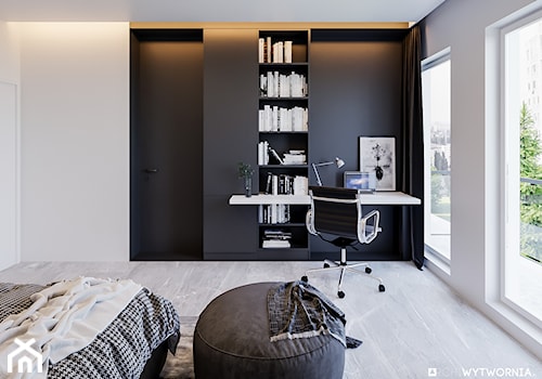 1 MAJA - Średnia biała czarna z biurkiem sypialnia z balkonem / tarasem, styl nowoczesny - zdjęcie od ARCHIWYTWÓRNIA Tomek Pytel