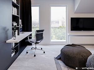 1 MAJA - Średnia biała czarna z biurkiem sypialnia na poddaszu z balkonem / tarasem, styl nowoczesny - zdjęcie od ARCHIWYTWÓRNIA Tomek Pytel