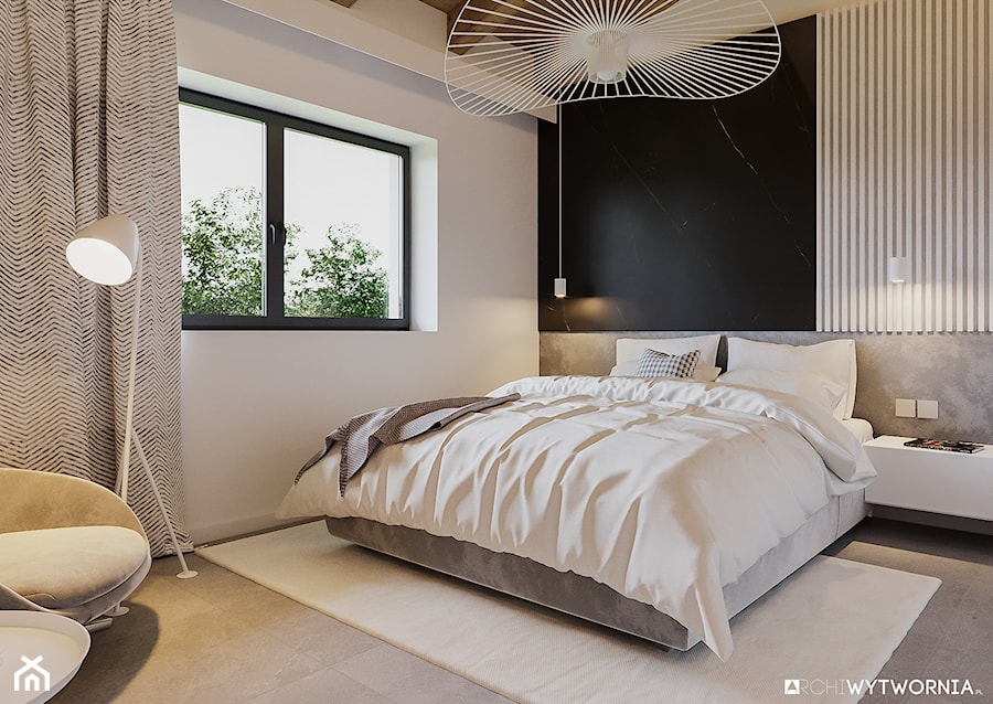 BOLONIA - Średnia biała czarna szara sypialnia, styl nowoczesny - zdjęcie od ARCHIWYTWÓRNIA Tomek Pytel