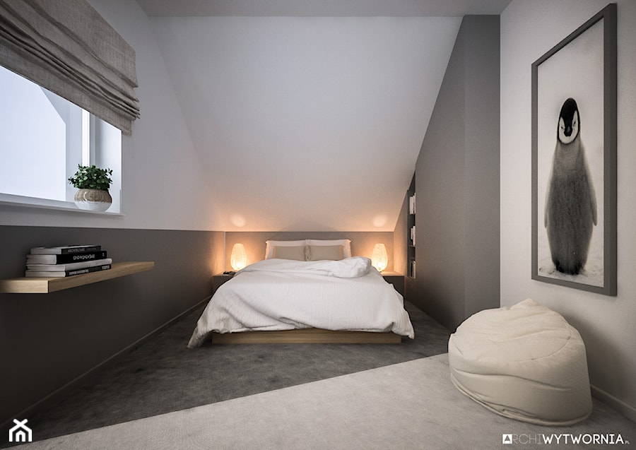 NA PUSTYNI BŁĘDOWSKIEJ - Średnia biała szara sypialnia na poddaszu, styl skandynawski - zdjęcie od ARCHIWYTWÓRNIA Tomek Pytel