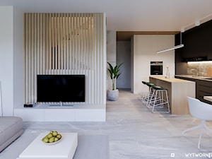 1 MAJA - Średni biały salon z kuchnią z jadalnią, styl nowoczesny - zdjęcie od ARCHIWYTWÓRNIA Tomek Pytel