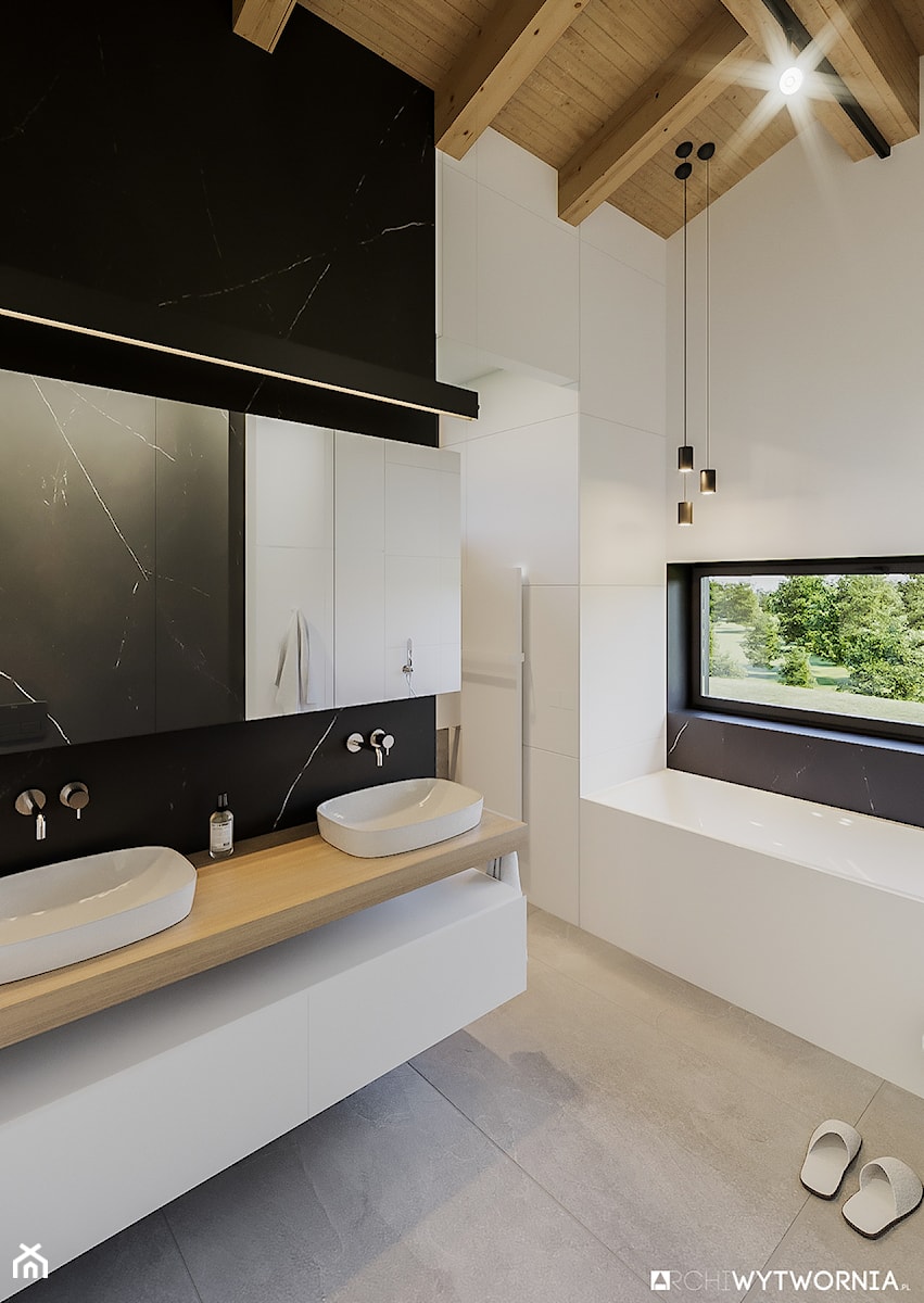BOLONIA - Średnia na poddaszu z lustrem z dwoma umywalkami łazienka z oknem, styl nowoczesny - zdjęcie od ARCHIWYTWÓRNIA Tomek Pytel