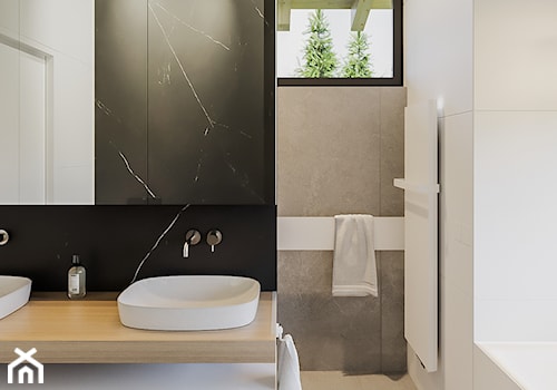 BOLONIA - Średnia z lustrem z dwoma umywalkami z punktowym oświetleniem łazienka z oknem, styl nowoczesny - zdjęcie od ARCHIWYTWÓRNIA Tomek Pytel