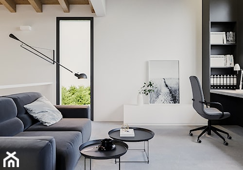 BOLONIA - Średnie w osobnym pomieszczeniu z sofą z zabudowanym biurkiem białe czarne z fotografiami ... - zdjęcie od ARCHIWYTWÓRNIA Tomek Pytel