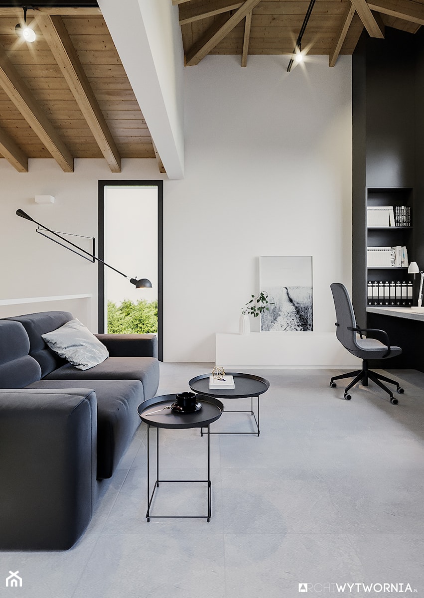 BOLONIA - Średnie w osobnym pomieszczeniu z sofą z zabudowanym biurkiem białe czarne z fotografiami na ścianie biuro, styl nowoczesny - zdjęcie od ARCHIWYTWÓRNIA Tomek Pytel