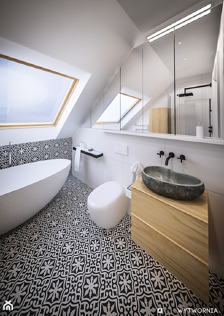 NA PUSTYNI BŁĘDOWSKIEJ - Średnia na poddaszu łazienka z oknem, styl skandynawski - zdjęcie od ARCHIWYTWÓRNIA Tomek Pytel - Homebook