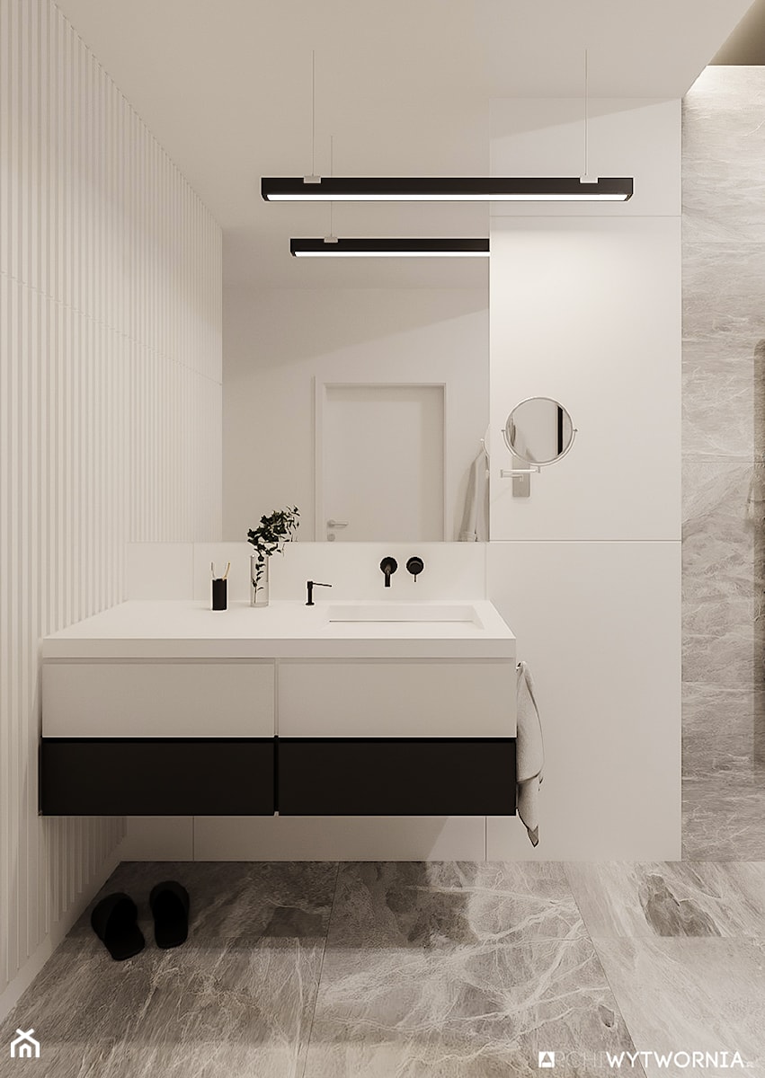 1 MAJA - Mała bez okna z lustrem z marmurową podłogą łazienka, styl nowoczesny - zdjęcie od ARCHIWYTWÓRNIA Tomek Pytel