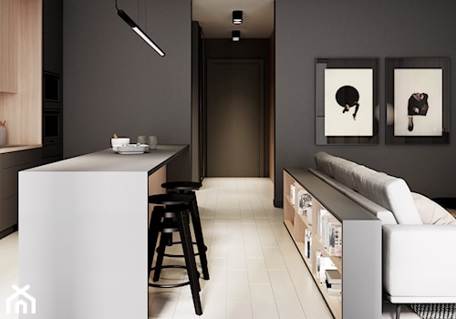 Mieszkanie Warszawa - Średnia otwarta z salonem czarna kuchnia jednorzędowa z wyspą lub półwyspem, styl minimalistyczny - zdjęcie od Mezzo Studio