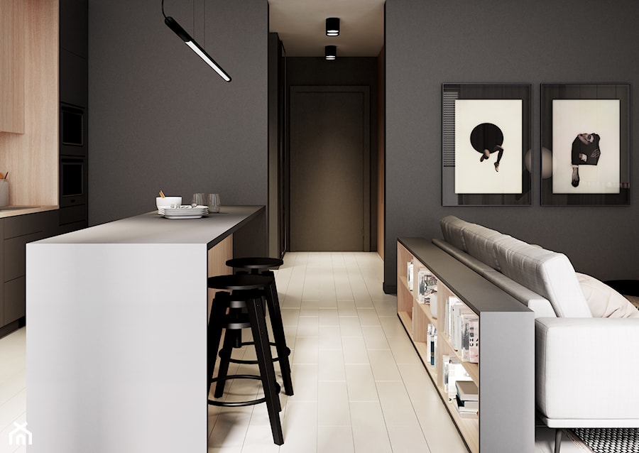 Mieszkanie Warszawa - Średnia otwarta z salonem czarna kuchnia jednorzędowa z wyspą lub półwyspem, styl minimalistyczny - zdjęcie od Mezzo Studio