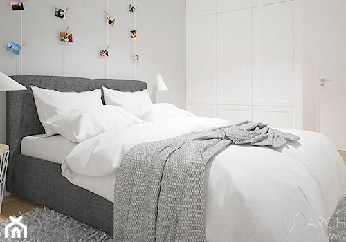 Mieszkanie na warszawskich Bielanach - Mała biała szara sypialnia, styl skandynawski - zdjęcie od JT.ARCHITEKT