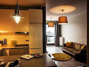 Apartament z charakterem - Mała otwarta z salonem biała z lodówką wolnostojącą kuchnia w kształcie litery u, styl industrialny - zdjęcie od http://martaczerkies.pl/