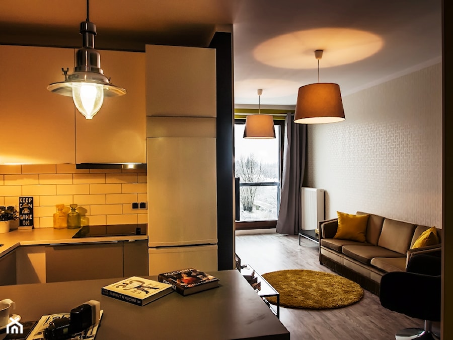 Apartament z charakterem - Mała otwarta z salonem biała z lodówką wolnostojącą kuchnia w kształcie litery u, styl industrialny - zdjęcie od http://martaczerkies.pl/