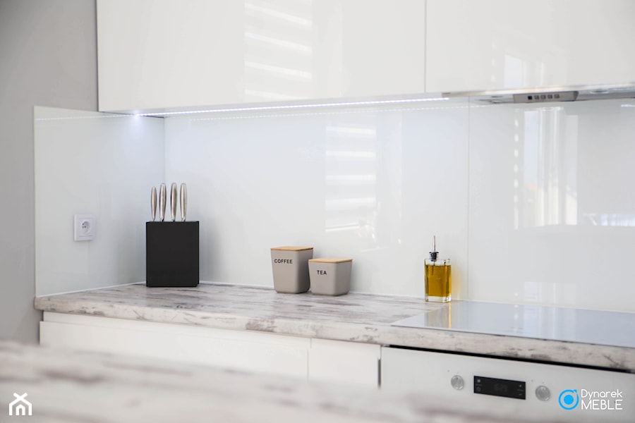 Kuchnia mono kolorystyczna - Średnia otwarta biała szara z zabudowaną lodówką kuchnia dwurzędowa z oknem, styl minimalistyczny - zdjęcie od Dynarek MEBLE