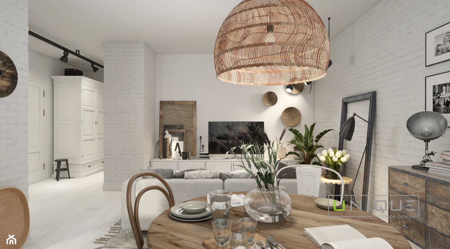 Mieszkanie z elementami w stylu BOHO - Duża biała jadalnia w salonie, styl skandynawski - zdjęcie od UNIQUE INTERIOR DESIGN - Homebook