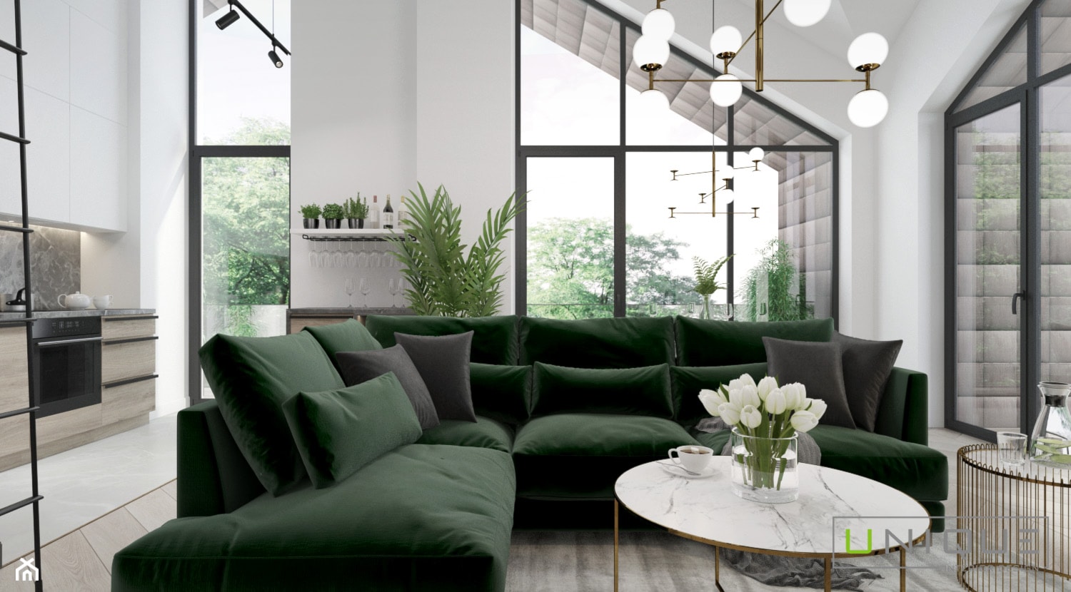 Mieszkanie w Łodzi - Średni biały salon z kuchnią z tarasem / balkonem, styl glamour - zdjęcie od UNIQUE INTERIOR DESIGN - Homebook