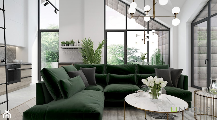 Mieszkanie w Łodzi - Średni biały salon z kuchnią z tarasem / balkonem, styl glamour - zdjęcie od UNIQUE INTERIOR DESIGN