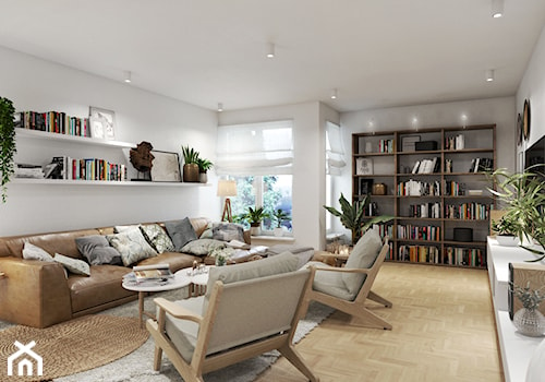 Mieszkanie w Warszawie - Duży biały salon z bibiloteczką, styl skandynawski - zdjęcie od UNIQUE INTERIOR DESIGN