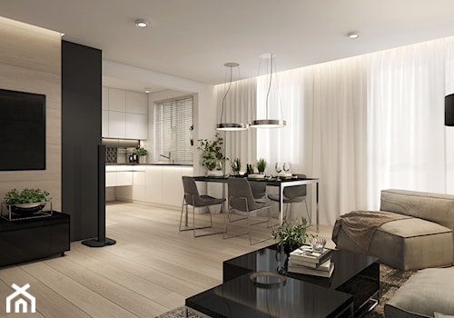 Mieszkanie- projekt kuchni i salonu - Duży biały czarny salon z kuchnią z jadalnią, styl nowoczesny - zdjęcie od UNIQUE INTERIOR DESIGN