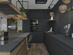 Przebudowa domu - Średnia otwarta czarna z zabudowaną lodówką z podblatowym zlewozmywakiem kuchnia w kształcie litery l z wyspą lub półwyspem, styl industrialny - zdjęcie od UNIQUE INTERIOR DESIGN