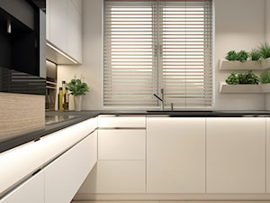 Mieszkanie- projekt kuchni i salonu - Mała zamknięta biała z zabudowaną lodówką z podblatowym zlewozmywakiem kuchnia w kształcie litery l z oknem, styl nowoczesny - zdjęcie od UNIQUE INTERIOR DESIGN