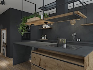 Przebudowa domu - Średnia otwarta z salonem czarna z zabudowaną lodówką z podblatowym zlewozmywakiem kuchnia w kształcie litery l z wyspą lub półwyspem, styl industrialny - zdjęcie od UNIQUE INTERIOR DESIGN