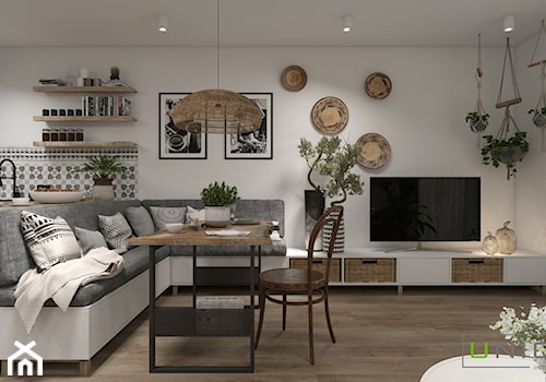 Mieszkanie z elementami w stylu BOHO - Średni biały szary salon z kuchnią z jadalnią, styl skandynawski - zdjęcie od UNIQUE INTERIOR DESIGN