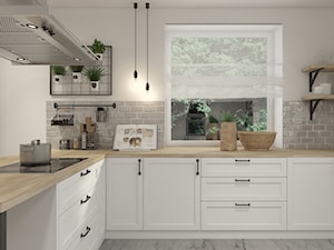 Dom w Radomiu - Średnia otwarta biała szara z zabudowaną lodówką kuchnia w kształcie litery u z oknem z marmurową podłogą, styl skandynawski - zdjęcie od UNIQUE INTERIOR DESIGN