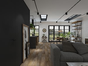 Przebudowa domu - Duży biały czarny salon z jadalnią, styl industrialny - zdjęcie od UNIQUE INTERIOR DESIGN