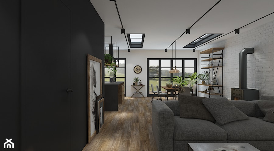 Przebudowa domu - Duży biały czarny salon z jadalnią, styl industrialny - zdjęcie od UNIQUE INTERIOR DESIGN