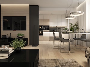 Duży biały czarny salon z kuchnią z jadalnią, styl nowoczesny - zdjęcie od UNIQUE INTERIOR DESIGN
