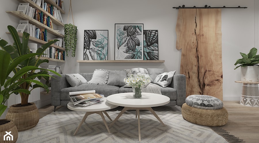 Mieszkanie z elementami w stylu BOHO - Średni biały szary salon, styl skandynawski - zdjęcie od UNIQUE INTERIOR DESIGN