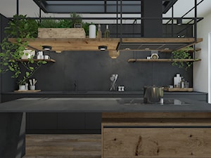 Przebudowa domu - Średnia zamknięta czarna z zabudowaną lodówką z podblatowym zlewozmywakiem kuchnia w kształcie litery l z wyspą lub półwyspem z oknem, styl industrialny - zdjęcie od UNIQUE INTERIOR DESIGN