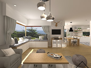 Biała cegła w salonie - Średni biały szary salon z kuchnią z jadalnią, styl skandynawski - zdjęcie od KRU design