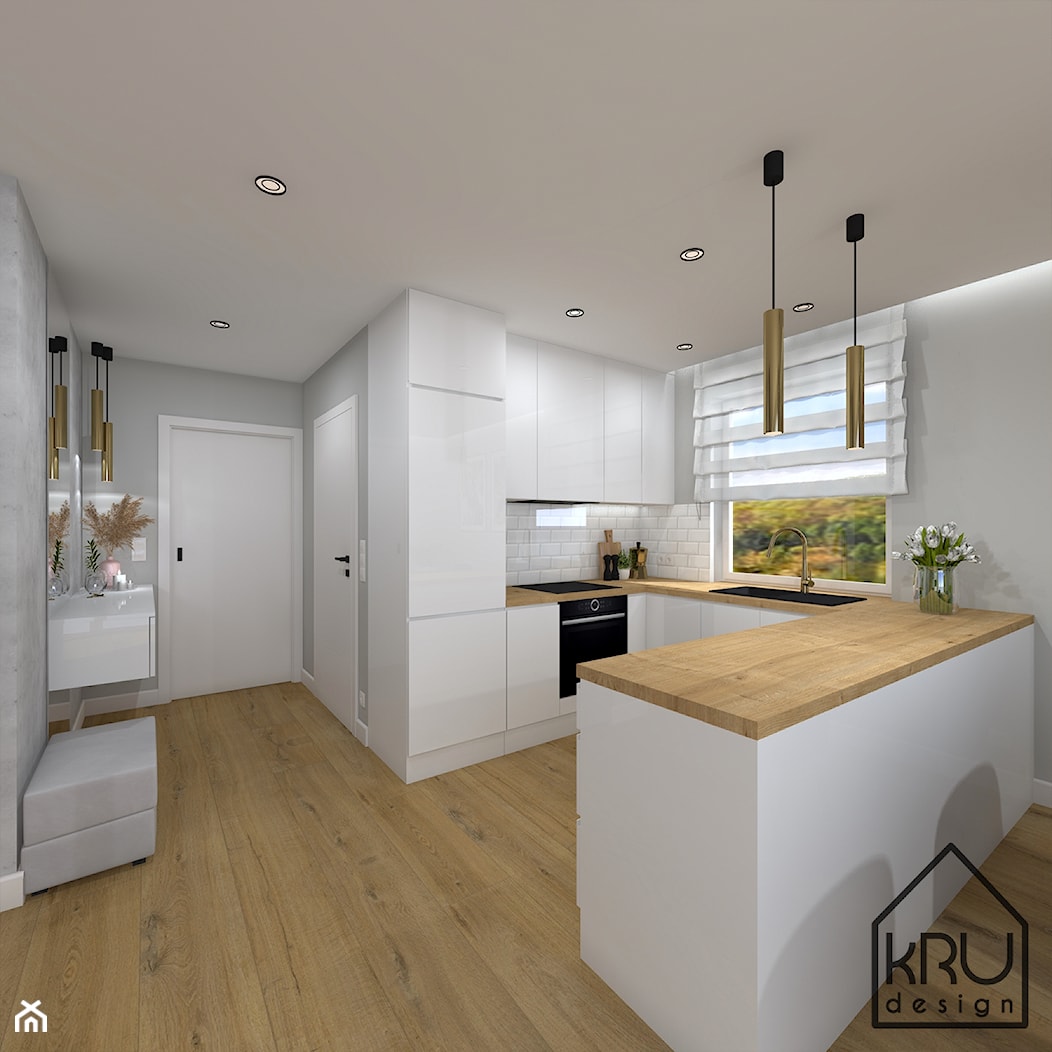 Cegła, beton i drewno w salonie - Kuchnia, styl nowoczesny - zdjęcie od KRU design - Homebook