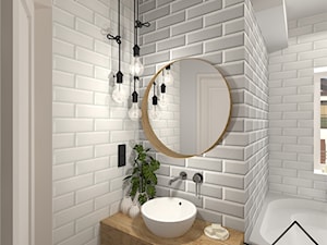 Łazienka w cegiełce - Mała z lustrem łazienka z oknem, styl skandynawski - zdjęcie od KRU design