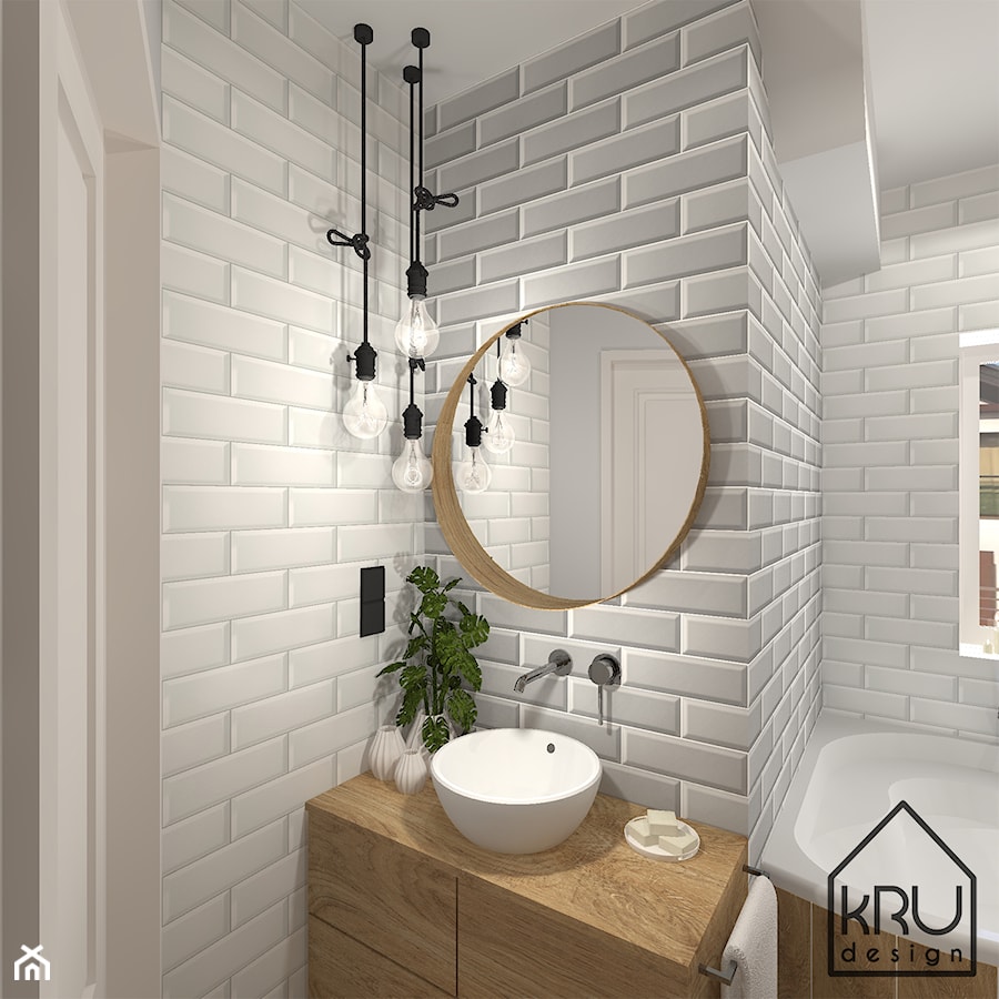 Łazienka w cegiełce - Mała z lustrem łazienka z oknem, styl skandynawski - zdjęcie od KRU design
