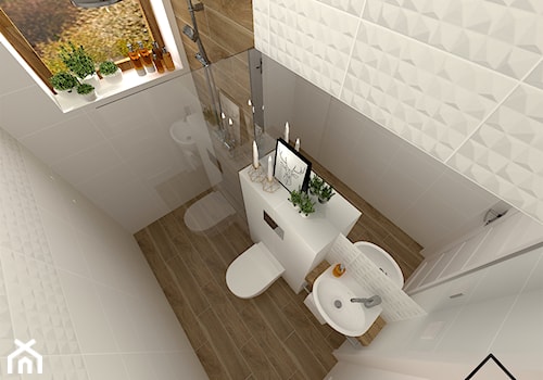 Niewielka łazienka w bieli & drewnie - Mała z lustrem łazienka z oknem, styl skandynawski - zdjęcie od KRU design