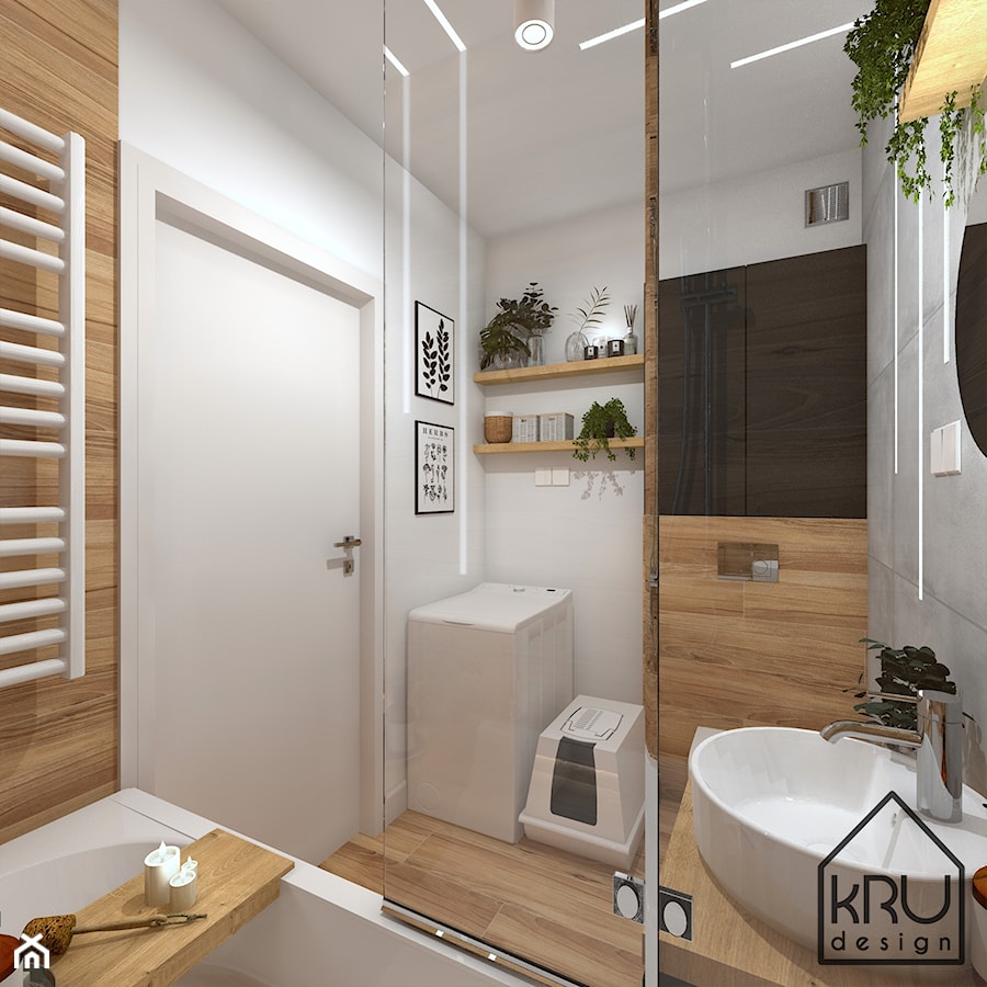 Łazienka z oświetleniem liniowym - Mała bez okna z pralką / suszarką z lustrem z punktowym oświetleniem łazienka, styl skandynawski - zdjęcie od KRU design