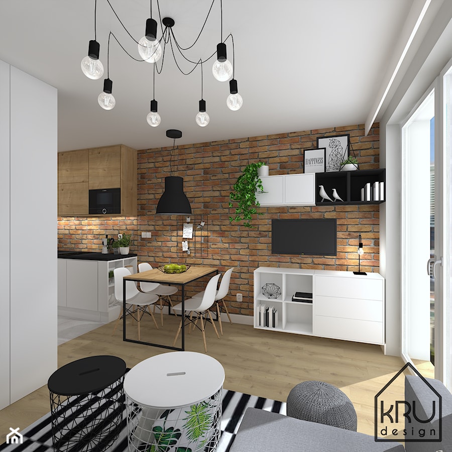 Mikroapartament - Średni biały salon z kuchnią z jadalnią, styl industrialny - zdjęcie od KRU design